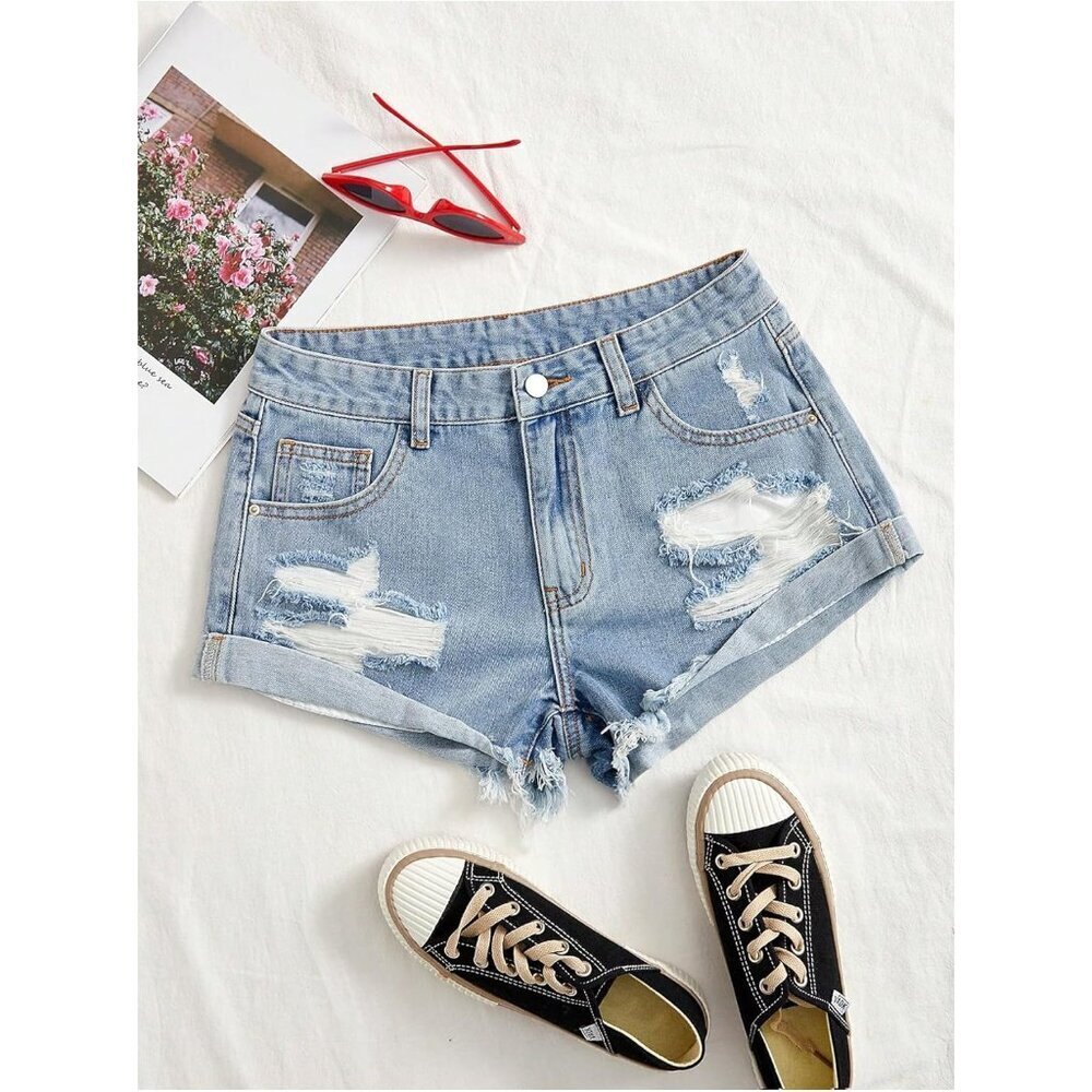 Women's Ripped Mini Jean Shorts Distressed Roll Hem Low Rise Y2K Style - Picture 3 of 5